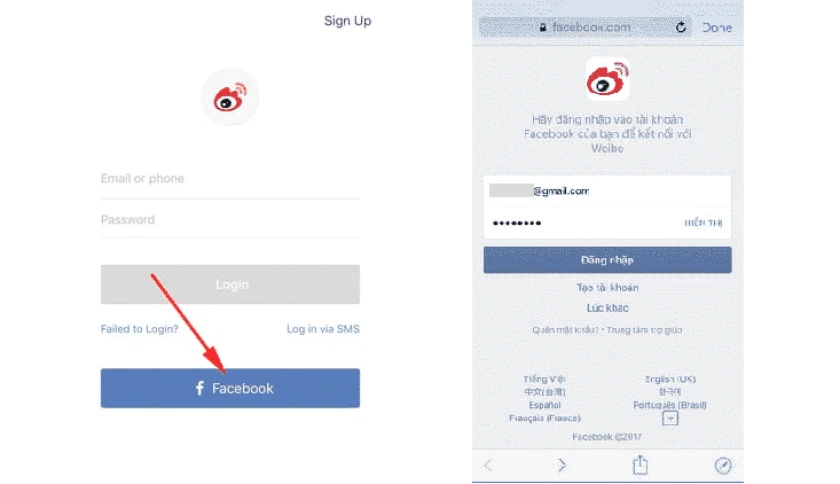 Hướng dẫn tạo tài khoản weibo bằng Facebook