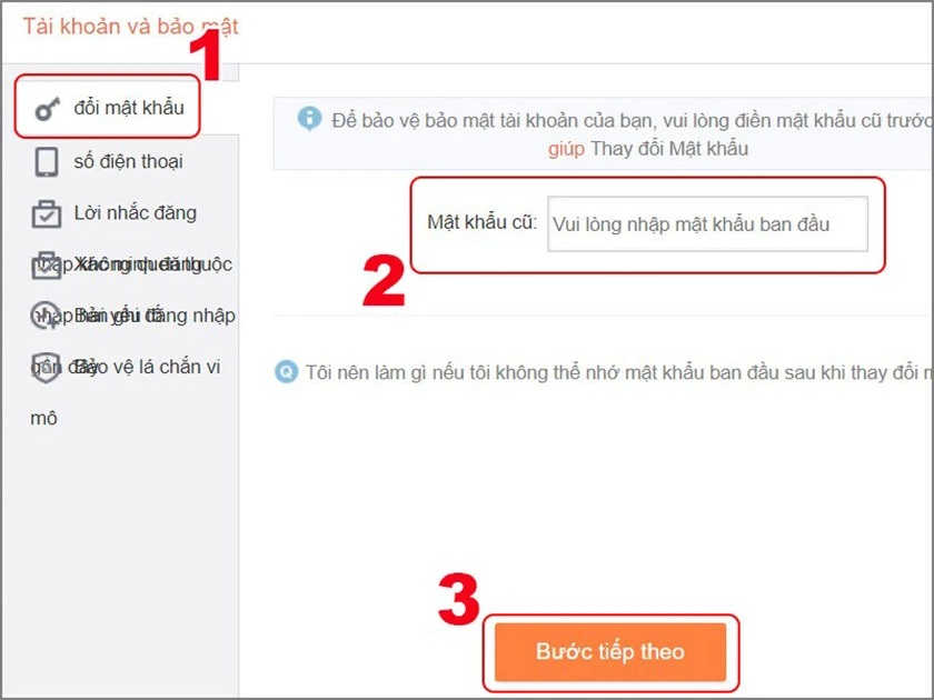 Chọn mục đổi mật khẩu