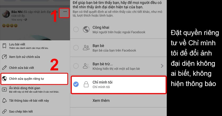 chọn biểu tượng 3 chấm ở g&oacute;c phải m&agrave;n h&igrave;nh &rarr; Chỉnh sửa quyền ri&ecirc;ng tư &rarr; chuyển về chế độ Chỉ m&igrave;nh t&ocirc;i.