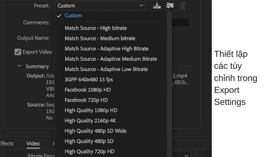 Thiết lập t&ugrave;y chỉnh Export Setting