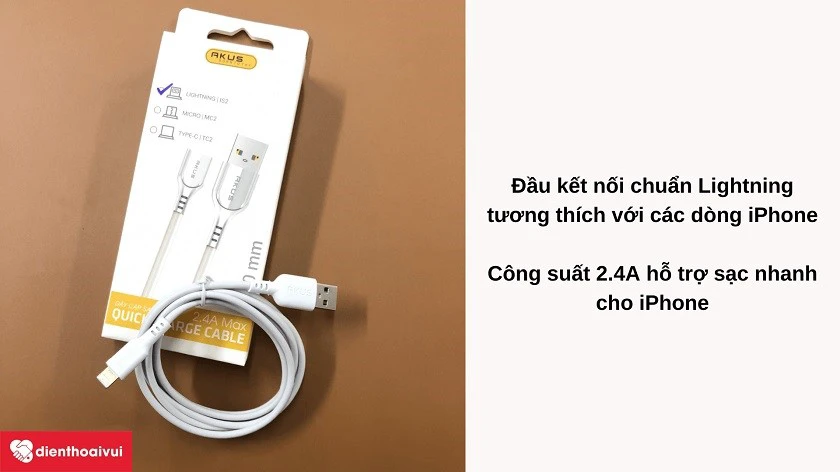 Chu&acirc;̉n k&ecirc;́t n&ocirc;́i Lightning cho iPhone, c&ocirc;ng su&acirc;́t 2.4A tương thích sạc nhanh