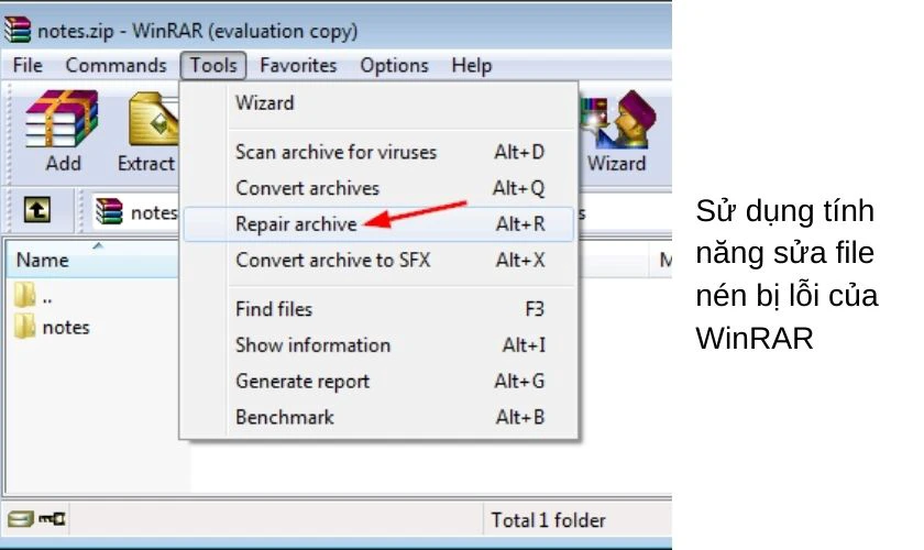 Sử dụng tính năng sửa file nén bị lỗi của WinRAR