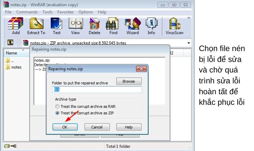Sử dụng tính năng sửa file nén bị lỗi của WinRAR