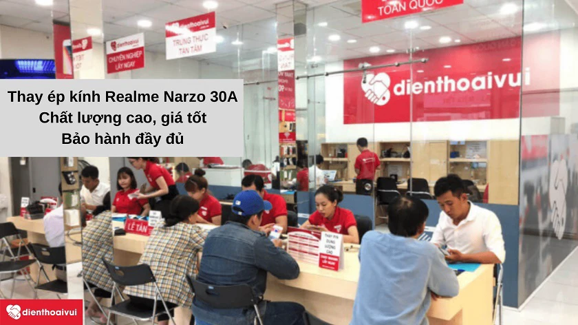 Dịch vụ thay ép kính Realme Narzo 30A l&acirc;́y nhanh, bảo hành đ&acirc;̀y đủ tại Đi&ecirc;̣n Thoại Vui