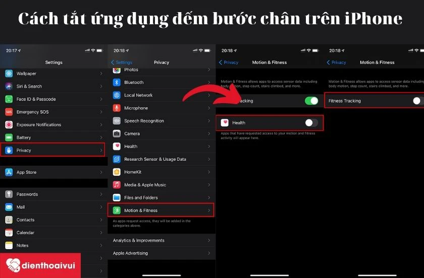 Hướng dẫn c&aacute;ch tắt ứng dụng đếm bước ch&acirc;n tr&ecirc;n iPhone 