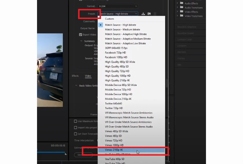 Tại mục Preset chọn mặc định loại video tương ứng bạn muốn xuất