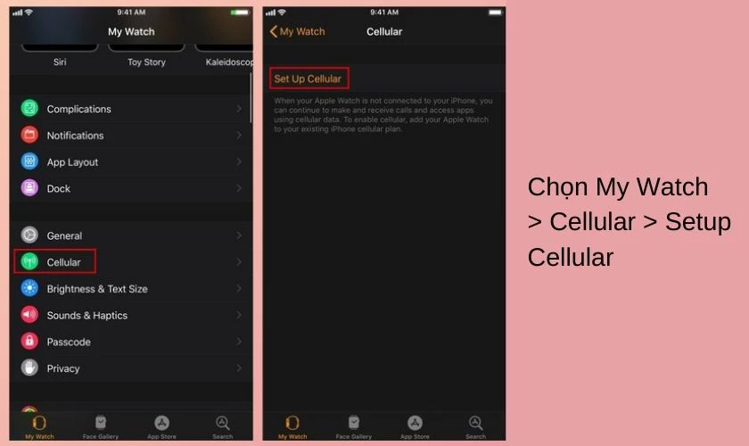 Chọn My Watch > Cellular (Di động) để thiết lập eSim Apple Watch Viettel