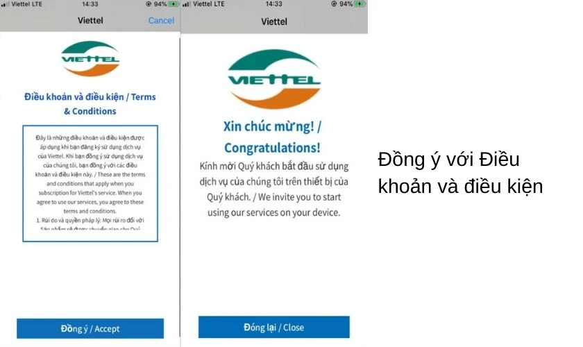 chọn Đồng ý để thiết lập eSim Apple Watch Viettel