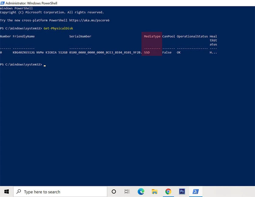 Kiểm tra ổ cứng SSD hay HDD bằng PowerShell
