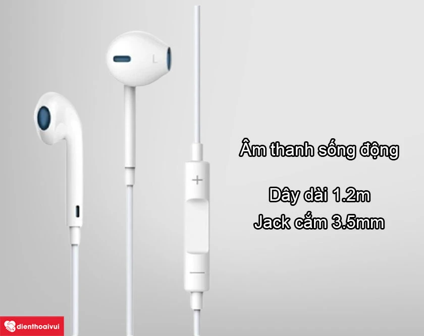 Tai nghe In-Ears Devia Smart Earpods c&oacute; mic &acirc;m thanh sống động, d&acirc;y d&agrave;i 1.2m kết hợp c&ugrave;ng jack cắm 3.5mm