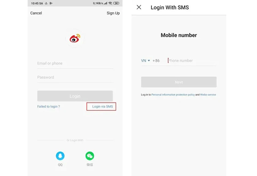 chọn Login via SMS