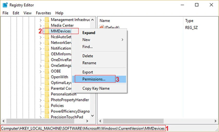 Click v&agrave;o MMDevices &rarr; Click &nbsp;Permissions.