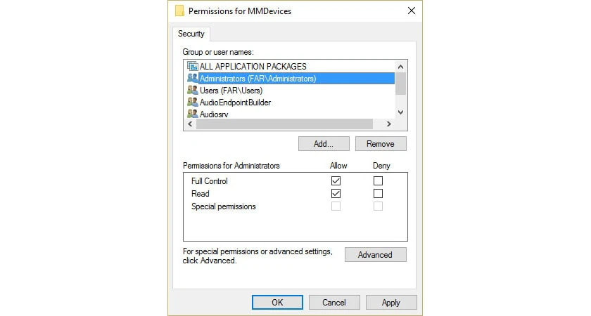 Chọn Full Control cho SYSTEM, Administrator v&agrave; user
