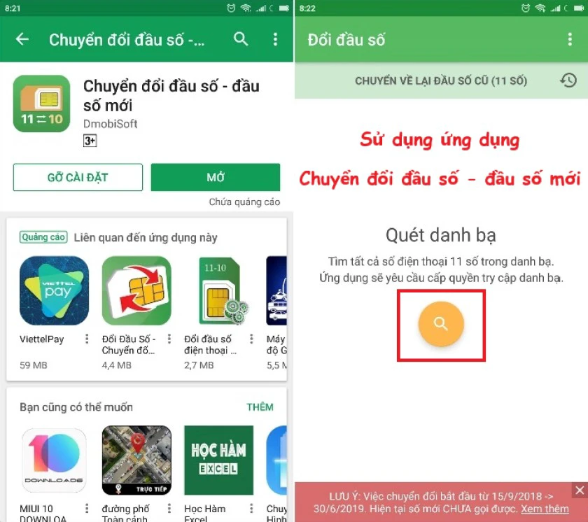 Sử dụng ứng dụng Chuyển đổi đầu số - đầu số mới