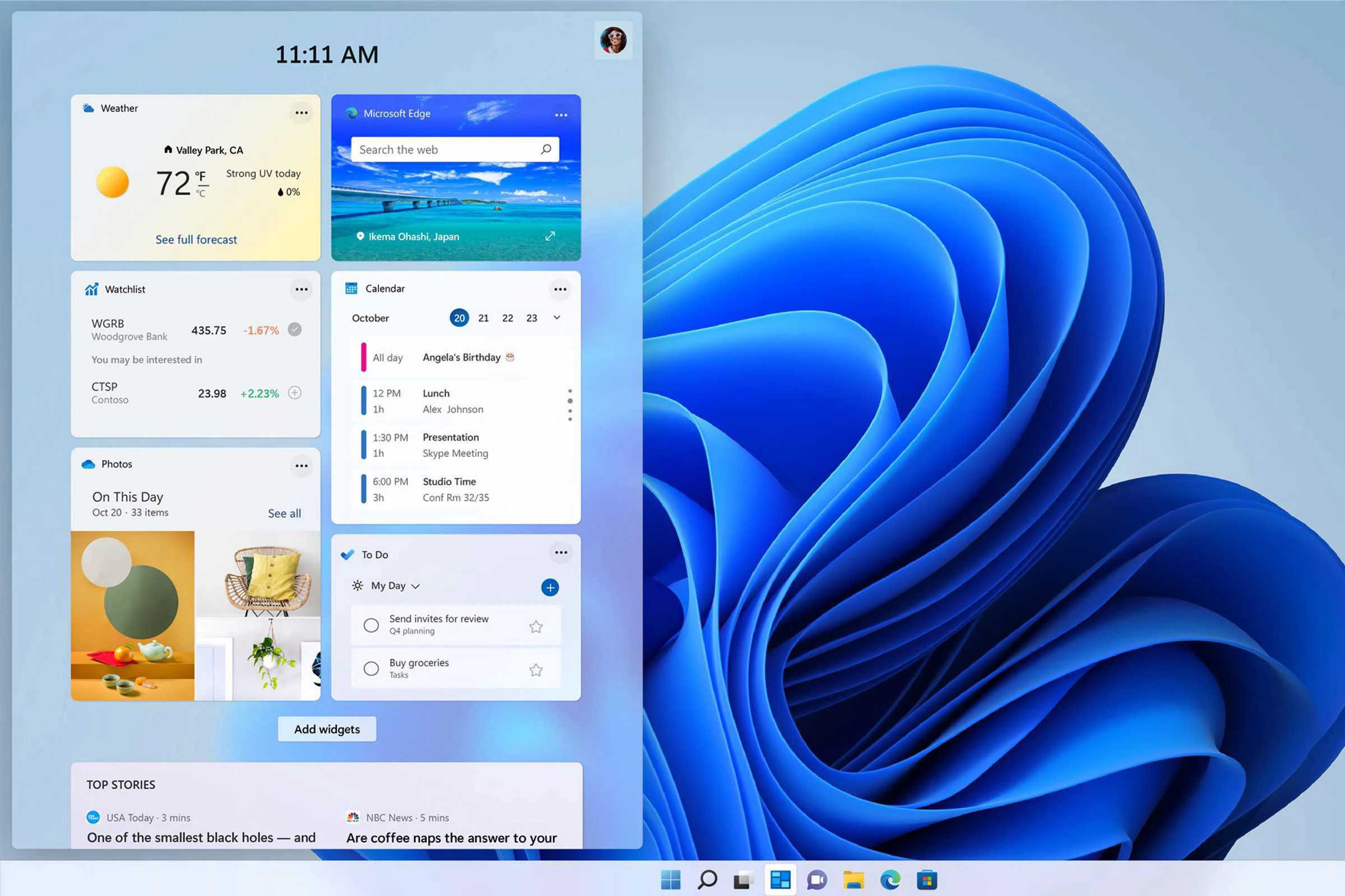 Widget c&oacute; giao diện bắt mắt hơn, th&ocirc;ng tin được bố tr&iacute; đầy đủ hơn l&agrave; 1 t&iacute;nh năng mới của win 11