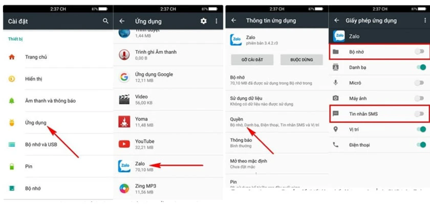K&iacute;ch hoạt lại chế độ truy cập ảnh, SMS ở Zalo tr&ecirc;n thiết bị