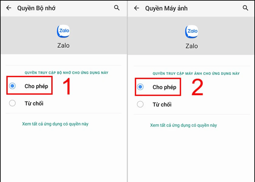 c&aacute;ch cho ph&eacute;p zalo truy cập ảnh