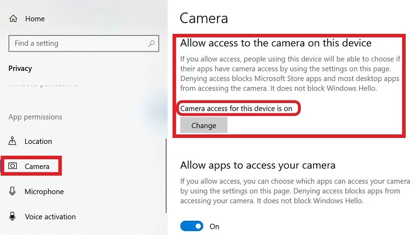 Kiểm tra lại quyền truy cập camera