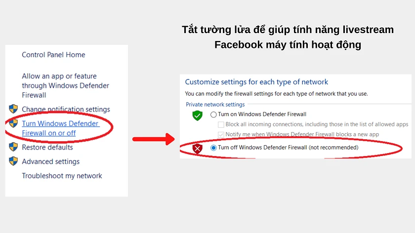 Tắt tường lửa khi facebook không phát trực tiếp được