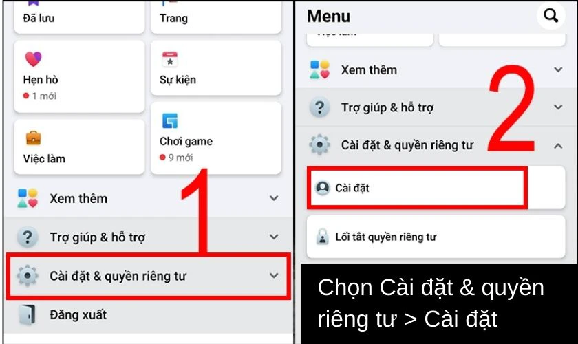 chọn mục C&agrave;i đặt & Quyền ri&ecirc;ng tư &rarr; C&agrave;i đặt.