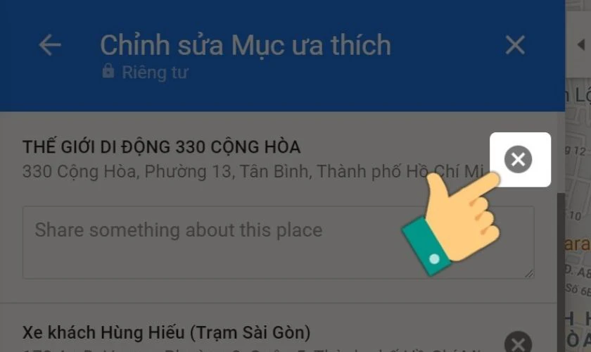 Nhấn dấu X x&oacute;a địa điểm đ&atilde; lưu