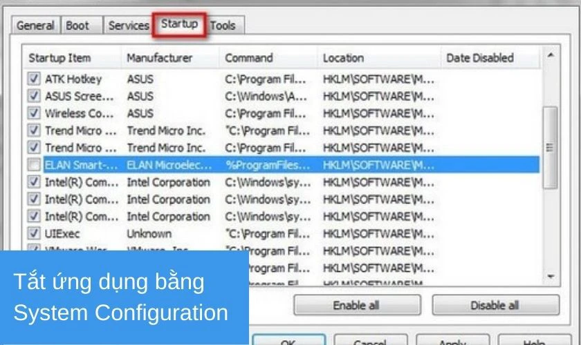 Tắt ứng dụng với System Configuration