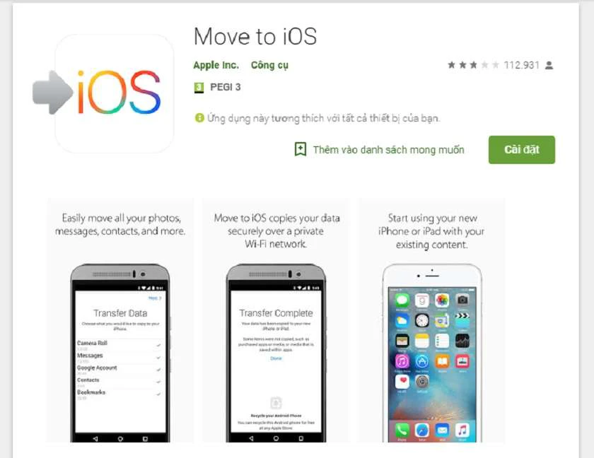 sao lưu dữ liệu android sang iphone