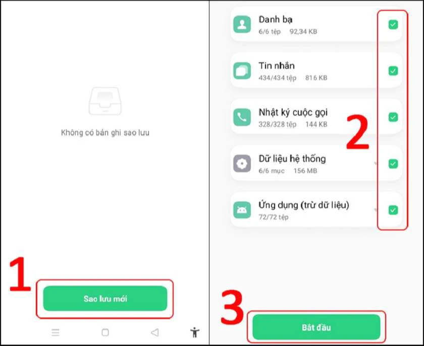 Nhấn chọn sao lưu mới sao lưu dữ liệu android