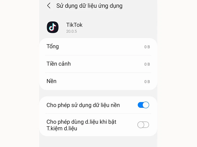 Bước 2: Tìm và chọn vào TikTok > chọn Sử dụng ứng dụng dữ liệu > nếu đang bật chế độ Data Saver hãy tắt đi.