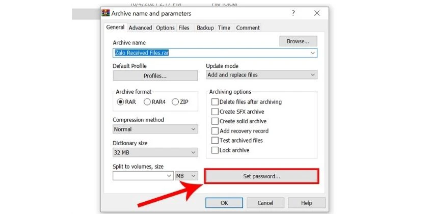 D&ugrave;ng phần mềm WinRAR đặt pass cho folder