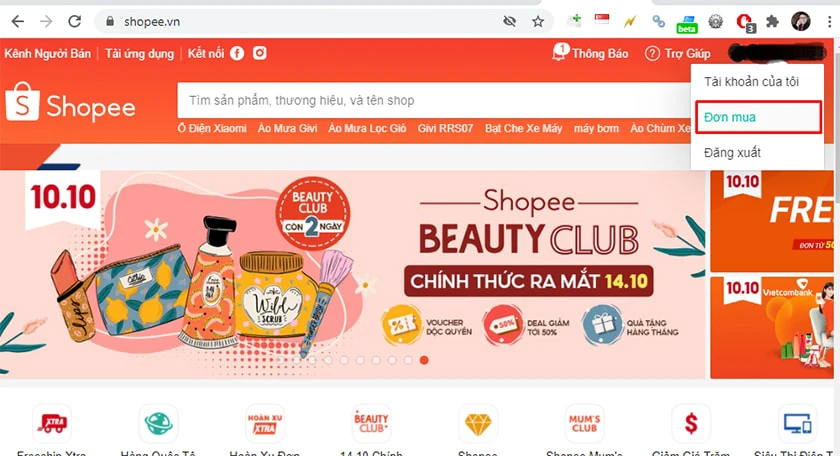 chọn đơn mu khi xoá lịch sử mua hàng Shopee