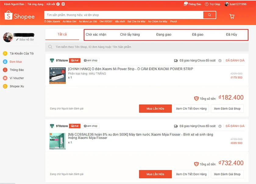 chọn mục để xoá lịch sử mua hàng Shopee