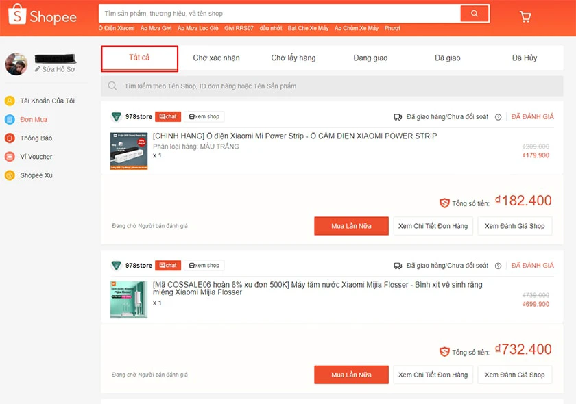 chọn vào mục “Tất cả để xoá lịch sử mua hàng Shopee