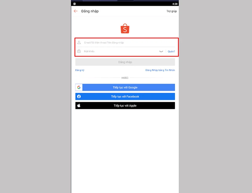 Đăng nhập tài khoản bằng email để xoá lịch sử mua hàng Shopee