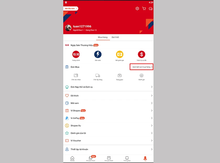 vào Xem lịch sử mua hàng shopee