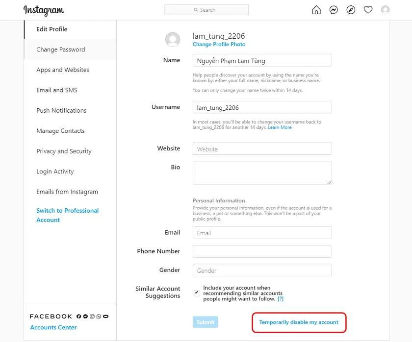 Cách khóa Instagram bằng máy tính