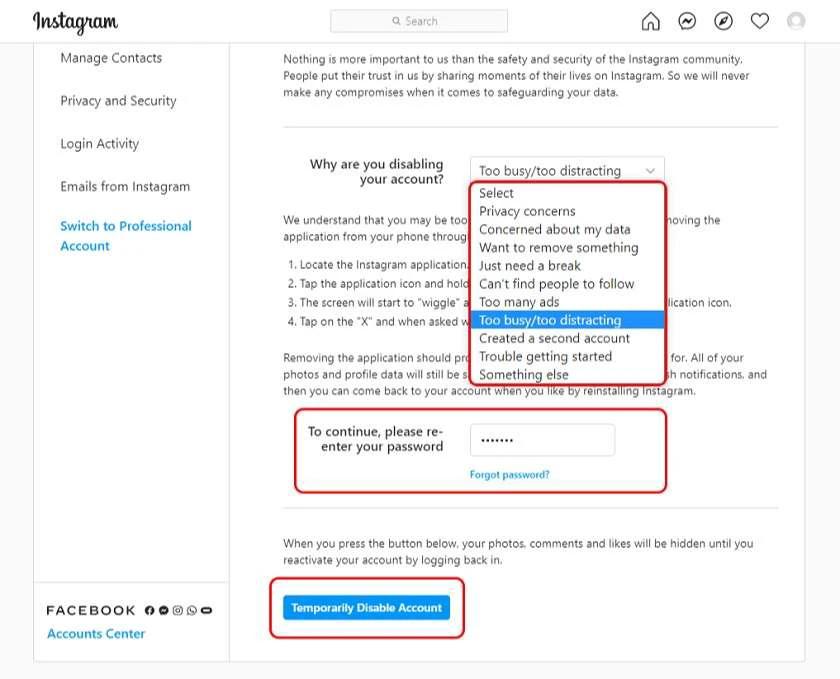 Cách khóa Instagram bằng máy tính