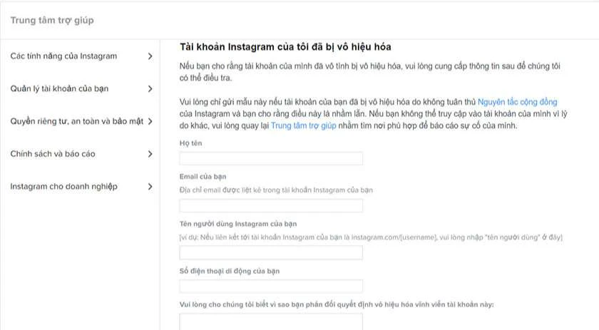 Khôi phục lại tài khoản Instagram sau khi khóa