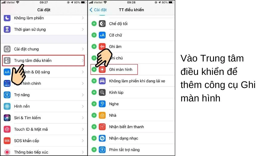 Bước 2: Tiếp theo bạn k&eacute;o xuống v&agrave; t&igrave;m c&ocirc;ng cụ Ghi sau đ&oacute; nhấn dấu cộng để th&ecirc;m c&ocirc;ng cụ n&agrave;y v&agrave;o Trung t&acirc;m điều khiển tr&ecirc;n iPhone.