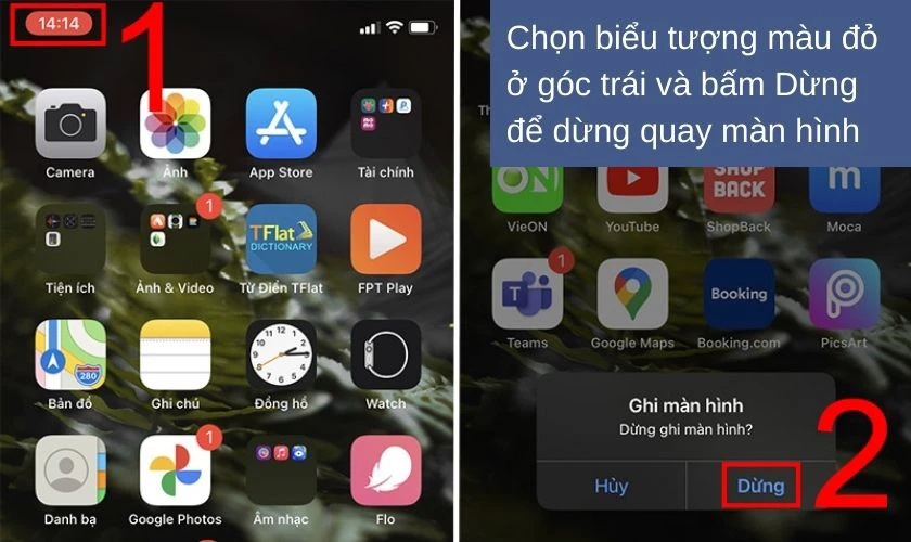 Bước 3: Khi bắt đầu ghi, bạn sẽ thấy biểu tượng m&agrave;u đỏ ở g&oacute;c tr&aacute;i xuất hiện v&agrave; nếu bạn muốn dừng quay, chỉ cần chọn biểu tượng n&agrave;y sau đ&oacute; nhấn Dừng, v&ocirc; c&ugrave;ng đơn giản.