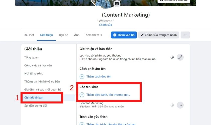 V&agrave;o mục giới thiệu, Chi về về bạn v&agrave; chọn C&aacute;c t&ecirc;n kh&aacute;c