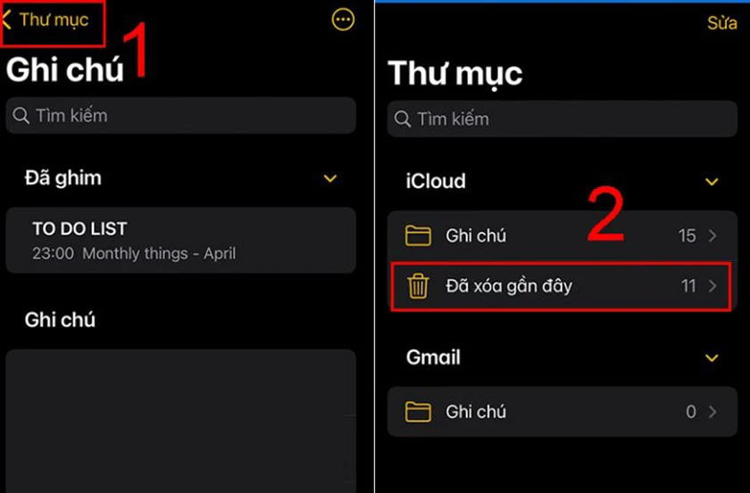 Khôi phục ghi chú đã xoá dưới 30 ngày