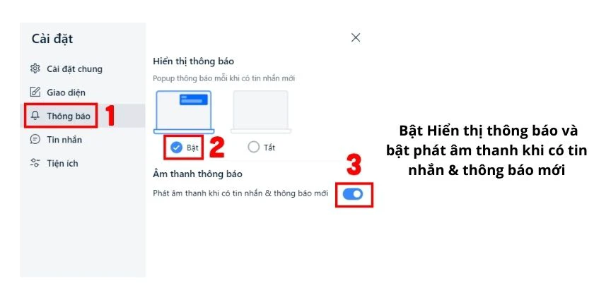 đổi th&ocirc;ng b&aacute;o từ Tắt sang Bật