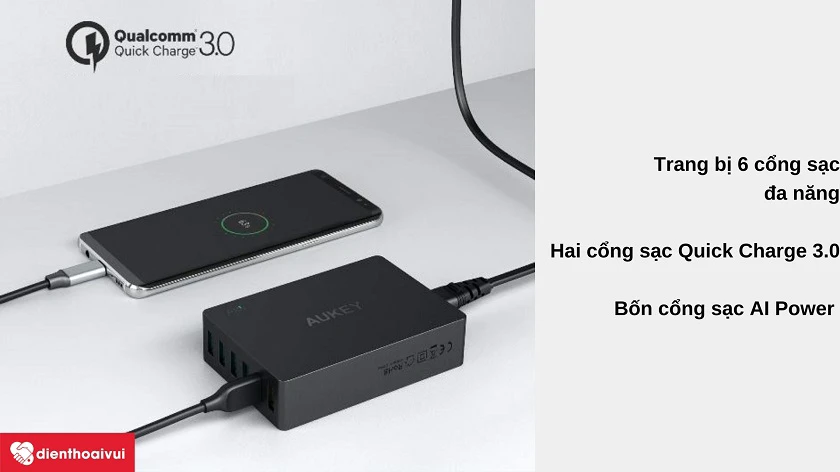Thi&ecirc;́t k&ecirc;́ 6 c&ocirc;̉ng sạc với hai c&ocirc;̉ng Quick Charge 3.0
