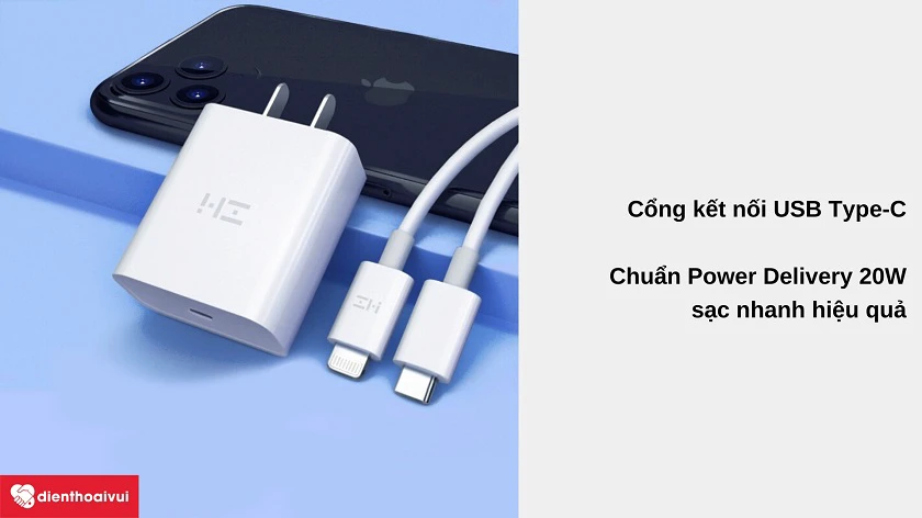 Củ sạc Xiaomi ZMI Type-C 20W HA716 với c&ocirc;ng ngh&ecirc;̣ Power Delivery 20W