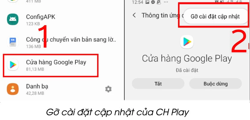 Gỡ c&agrave;i đặt cập nhật v&agrave; xo&aacute; bộ nhớ Cache của CH Play