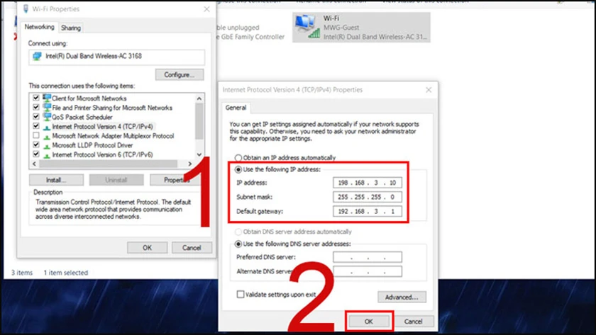 Thay đổi c&aacute;c th&ocirc;ng số IP address, Subnet mask, Default gateway