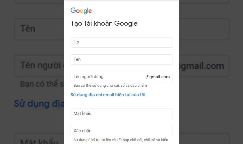 Điền các thông tin theo từng mục yêu cầu của Gmail