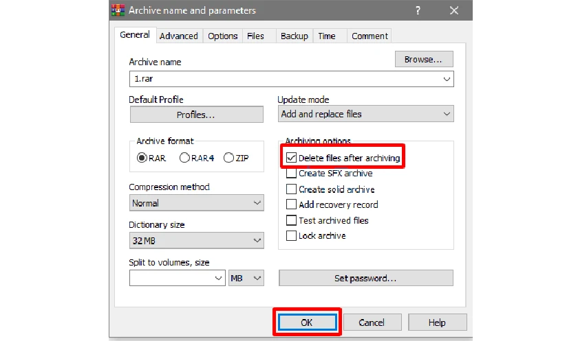 T&iacute;ch chọn Delete files after archiving, sau đ&oacute; nhấn OK