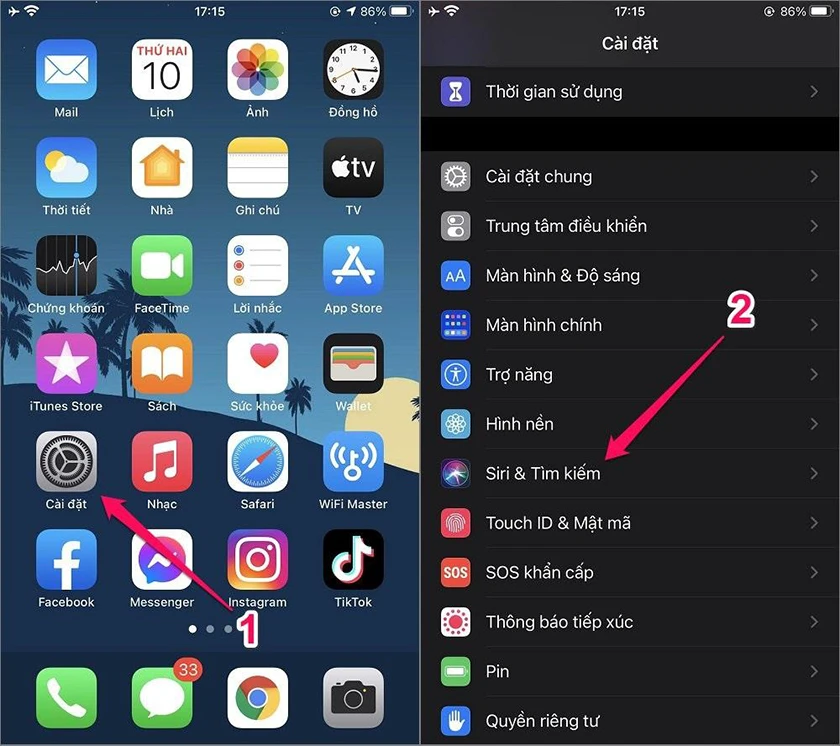 V&agrave;o phần c&agrave;i đặt, chọn Siri & T&igrave;m kiếm